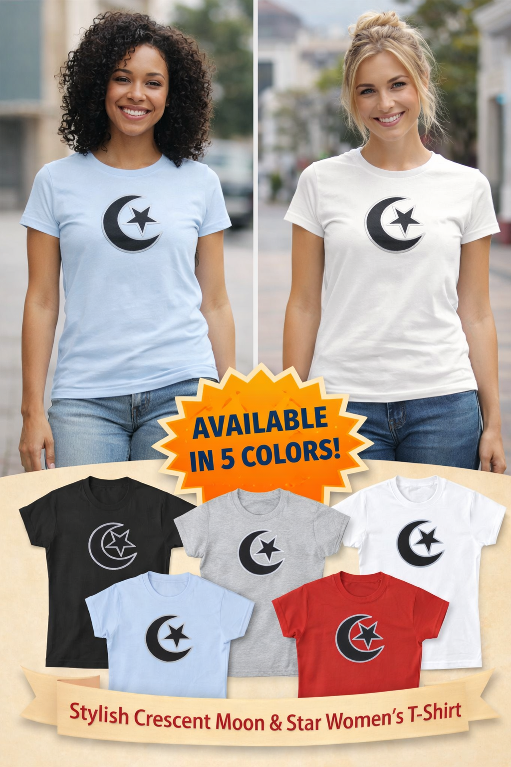 Womens Crescent Moon and Star T-Shirt Soft Graphic Tee 5 colors 100% cotton