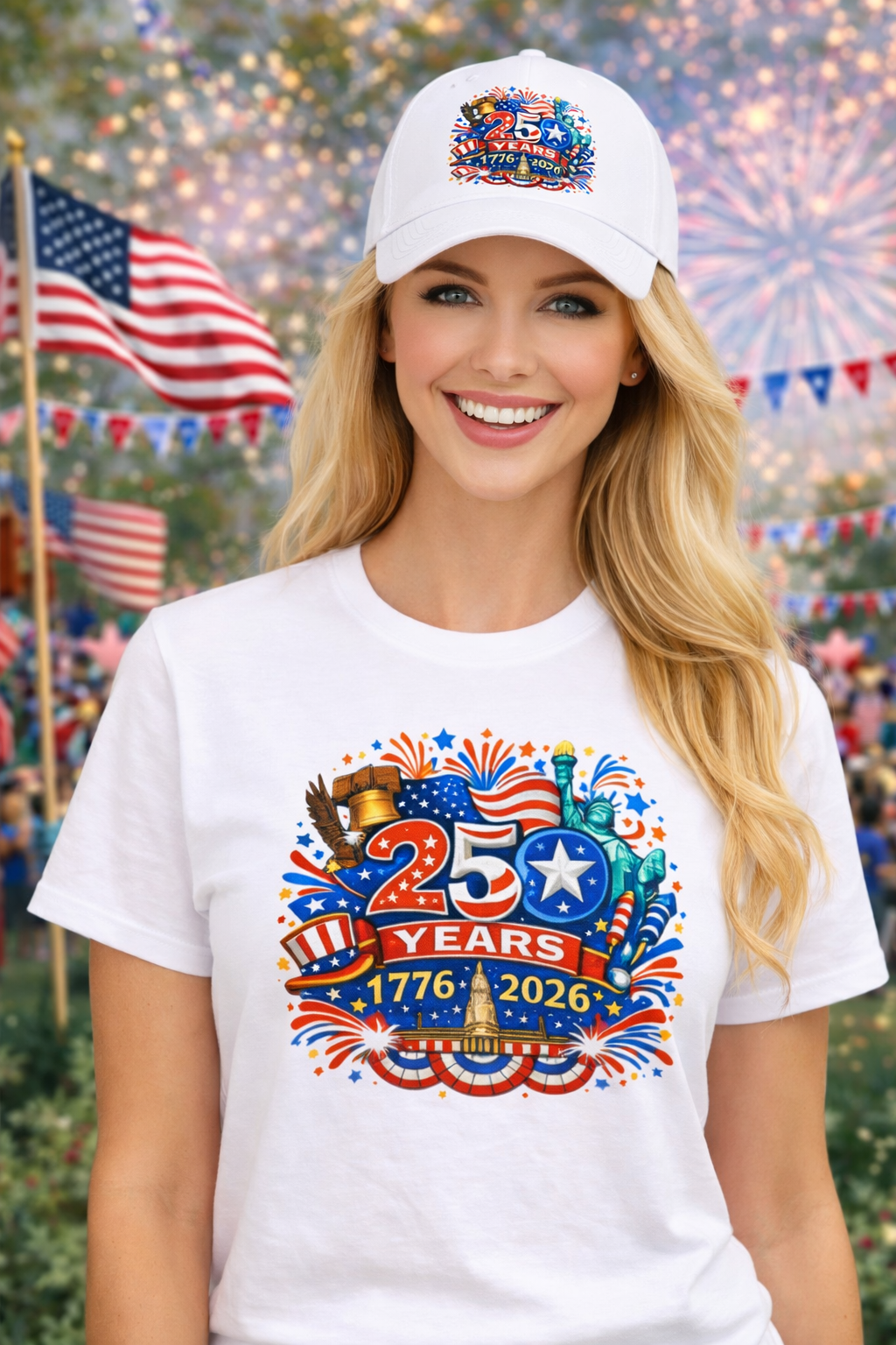 Sats and Stripes USA 250th Anniversary Hat 1776-2026 Patriotic Baseball Cap White Female Model