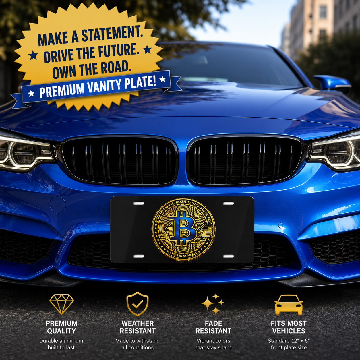 Blue and Gold Bitcoin Vanity Plate Aluminum Front License Plate