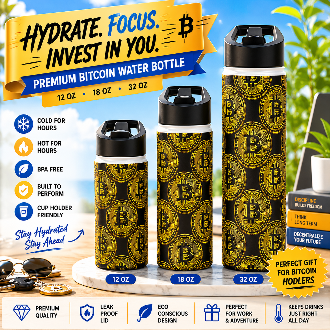 Bitcoin Stainless Steel Water Bottle Black And Gold Crypto Bottle (3 sizes)
