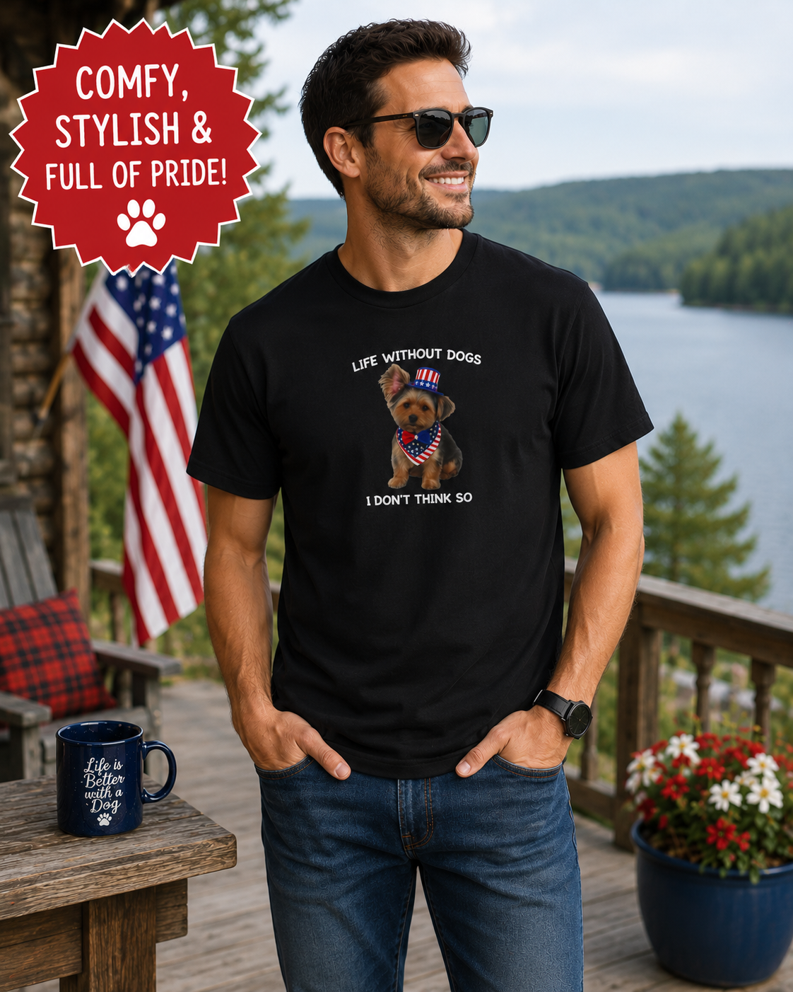 Sats and Stripes Life Without Dogs I Don't Think So Patriotic Yorkie T-Shirt Black