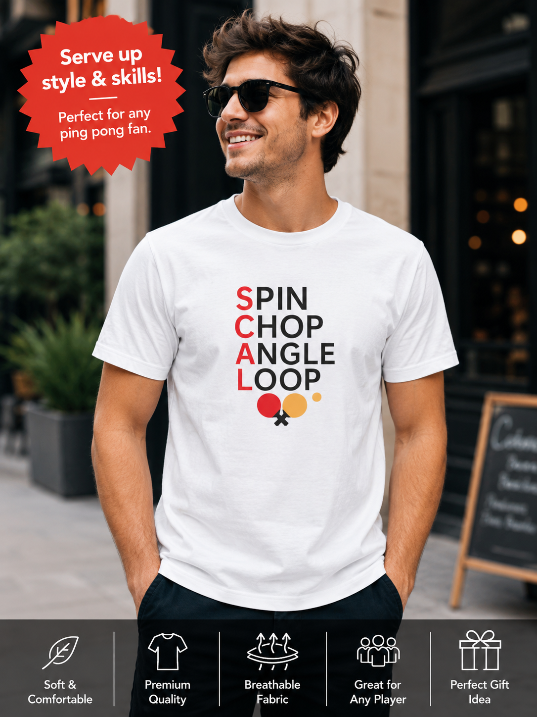 Sats and Stripes Table Tennis Spin, Chop, Angle, Loop T-Shirt Ping Pong Tee for Players White Male Model