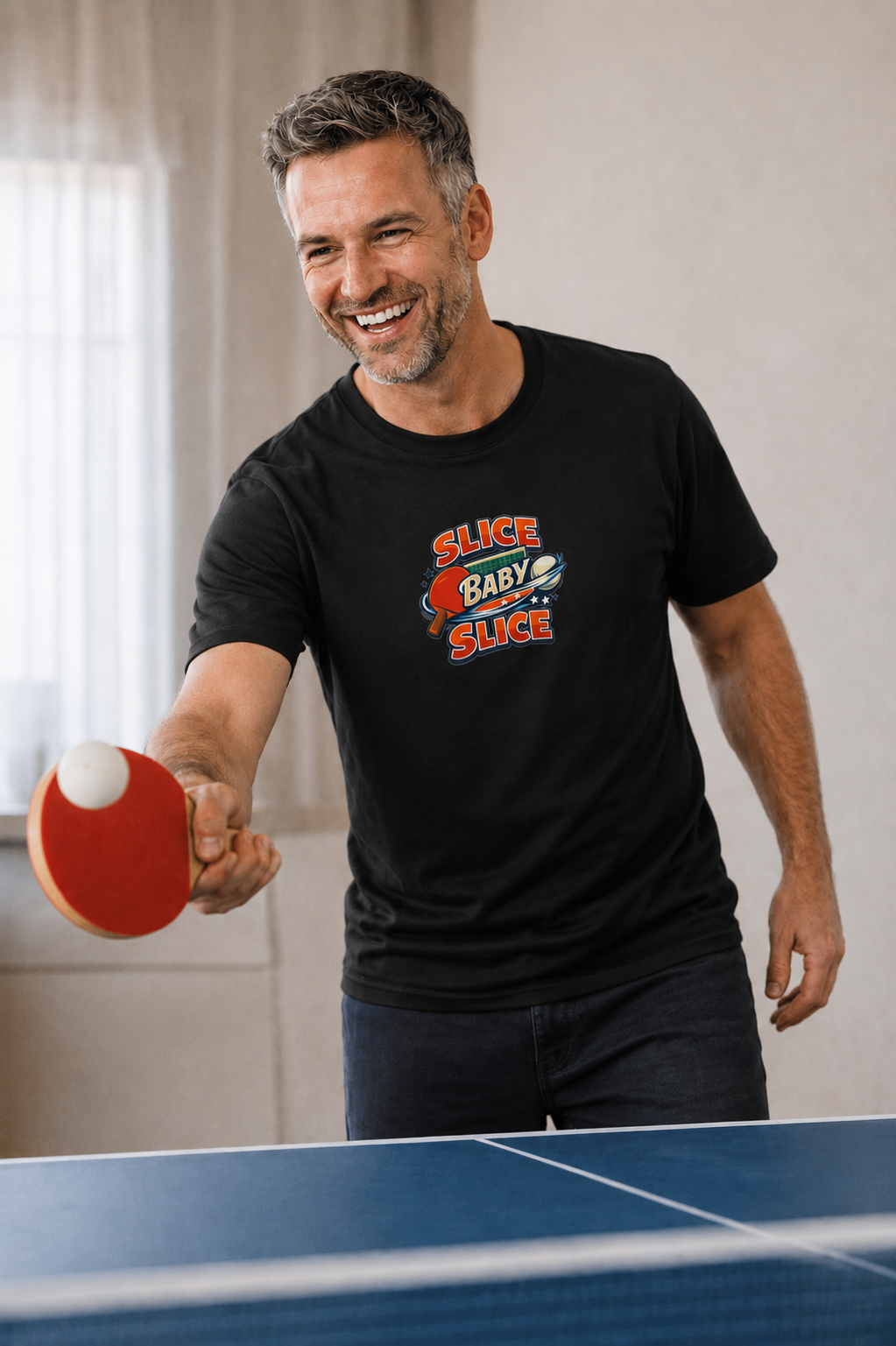 Sats and Stripes Slice Baby Slice Table Tennis T-Shirt Ping Pong Graphic Tee Black Male Model