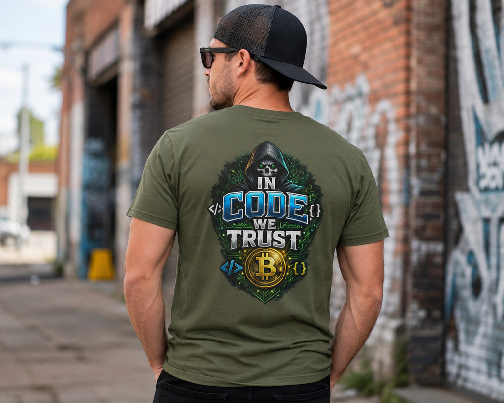 Sats and Stripes In Code We Trust Bitcoin Back Print T-Shirt Army Green Male Model