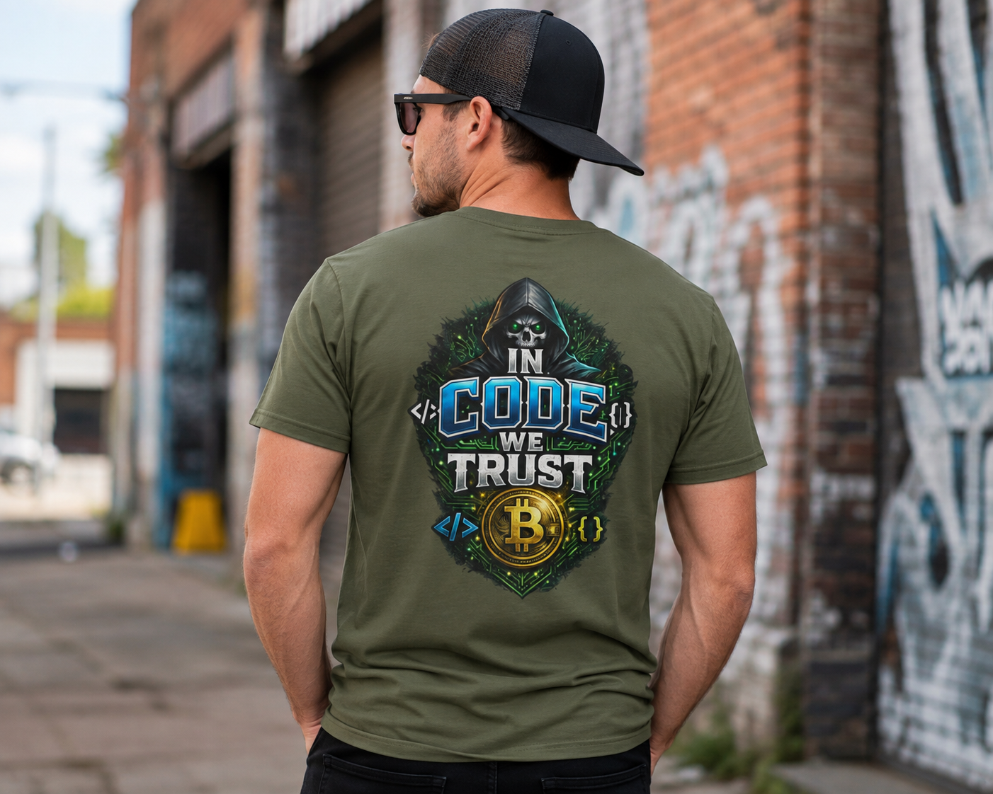 Sats and Stripes In Code We Trust Bitcoin Back Print T-Shirt Army Green Male Model
