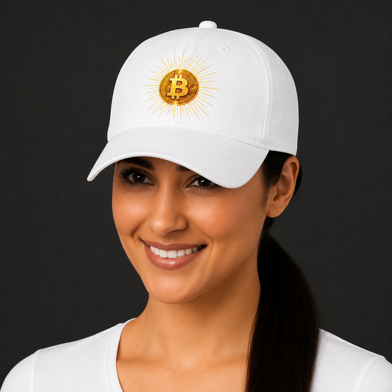 Sats and Stripes Bitcoin Sunburst Baseball Cap White Female Model