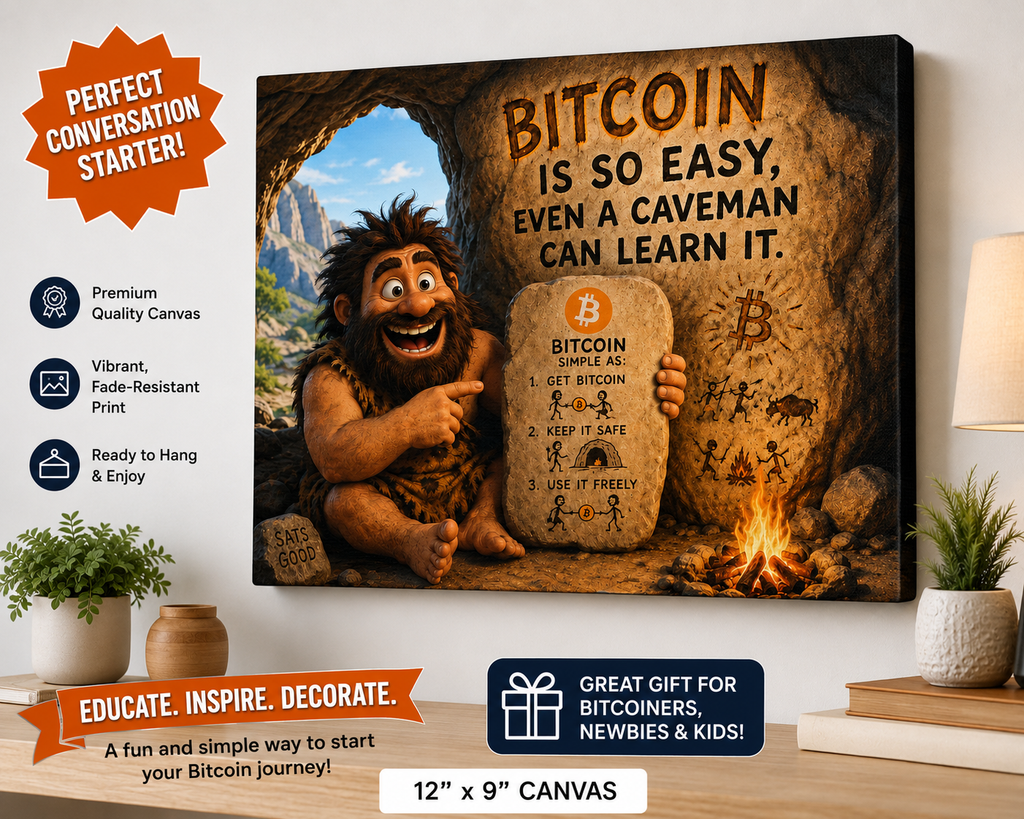 Sats and Stripes Humorous Bitcoin Caveman Canvas Wall Art 12 x 9