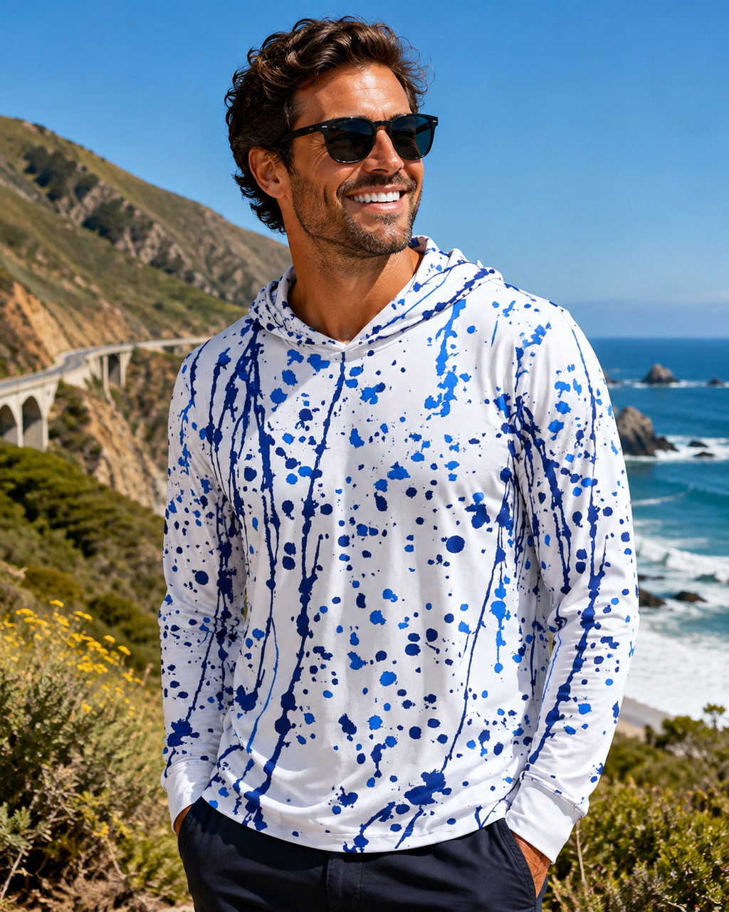 Sats and Stripes Blue Paint Splatter UPF 50+ Performance Men's Sport Hoodie Font View