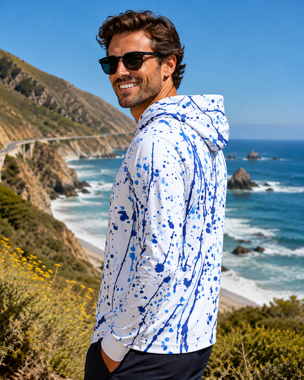 Sats and Stripes Blue Paint Splatter UPF 50+ Performance Men's Sport Hoodie Side View