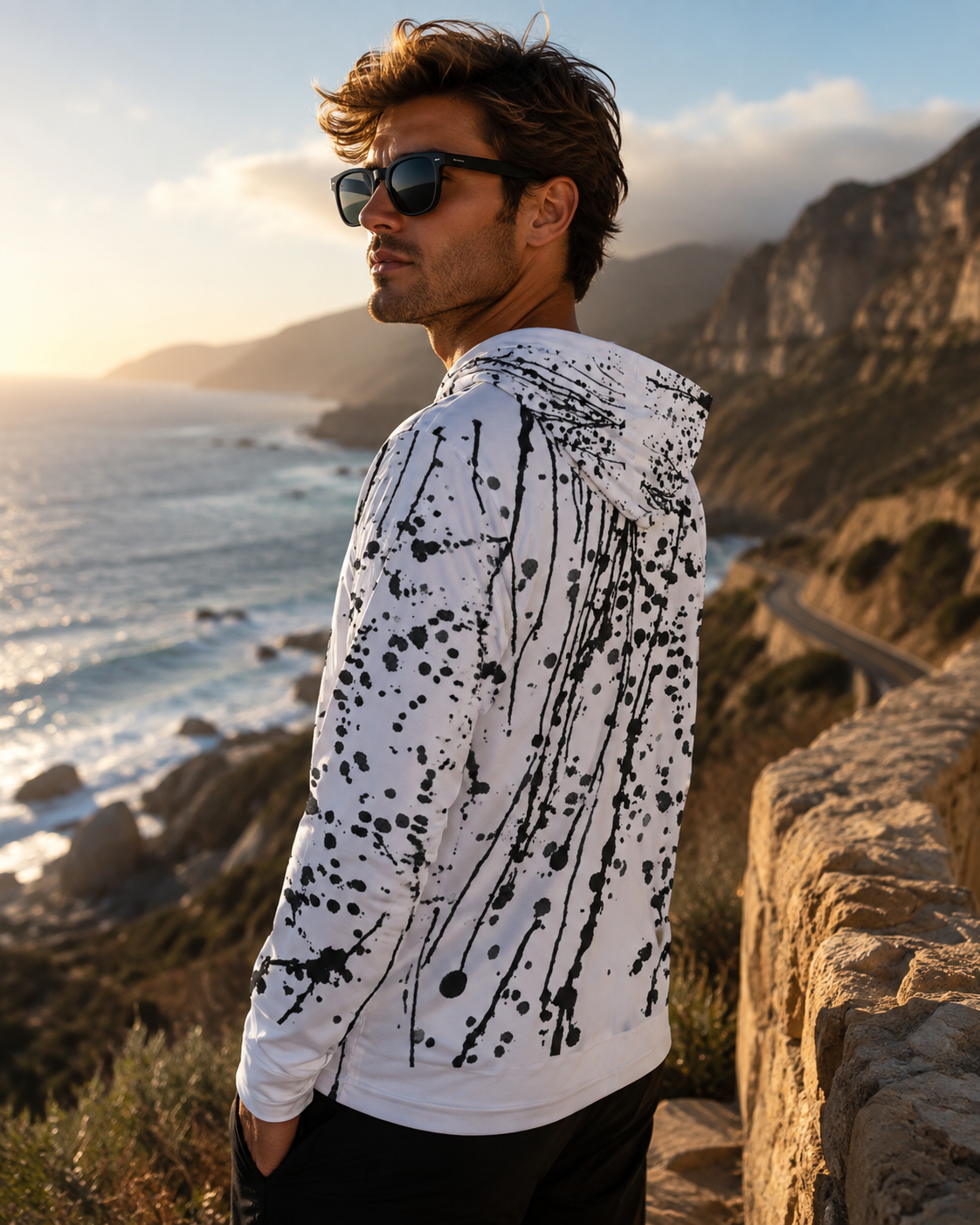 Black Paint Splatter UPF 50+ Performance Men's Sport Hoodie
