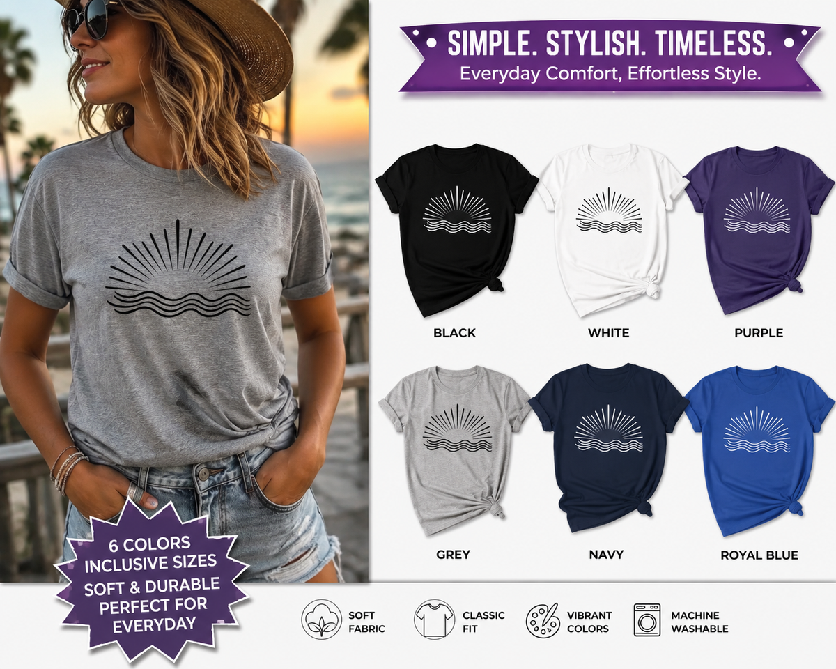 SatsandStripes.com Women’s Minimalist Sun & Waves T-Shirt – Relaxed Fit Cotton Beach Tee