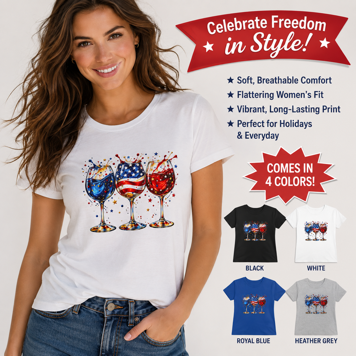 SatsandStripes.com Patriotic Wine Glass Women's T-Shirt – Red White & Blue USA Graphic Tee White