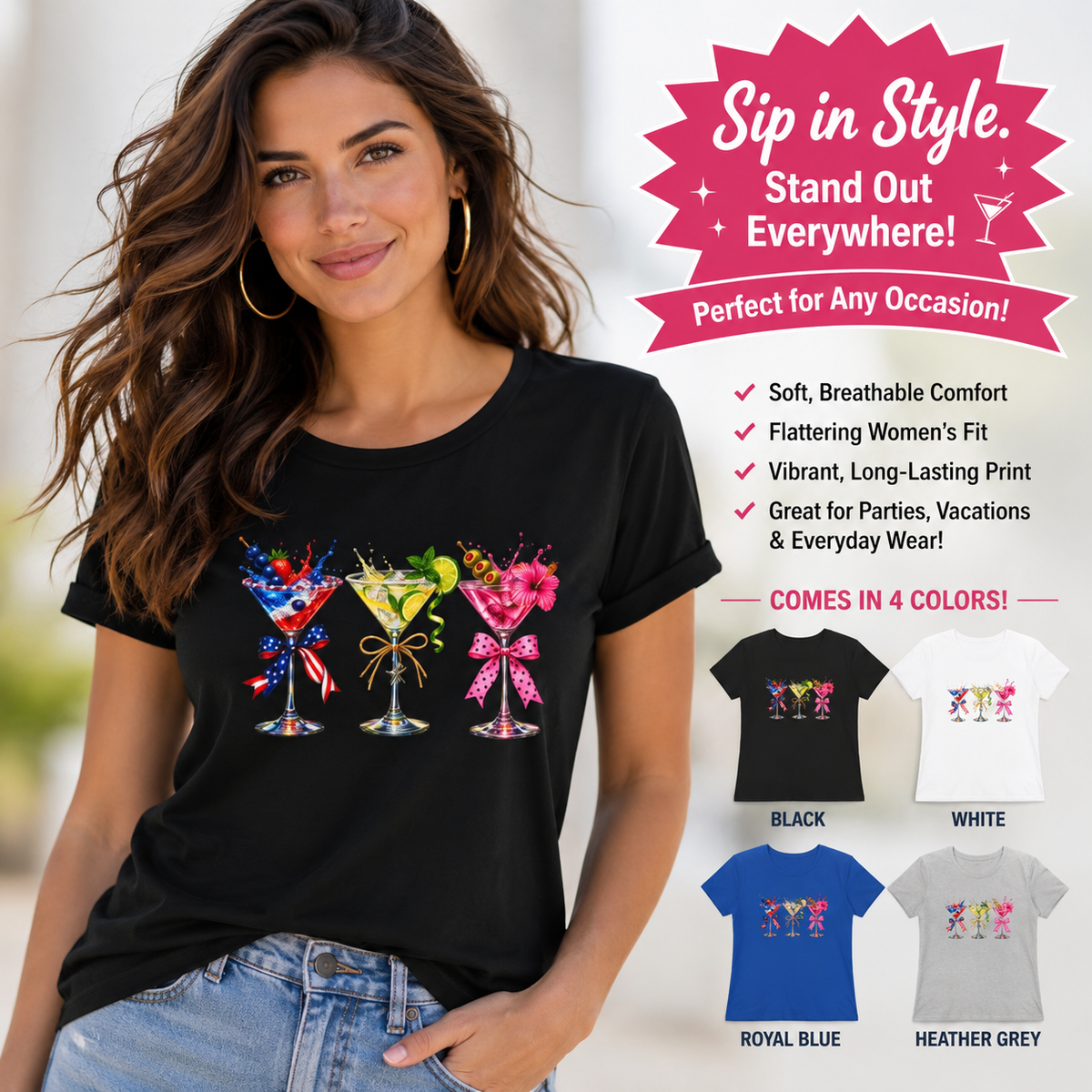 SatsandStripes.com Three Martini Glasses Women's T-Shirt Colorful Cocktail Lover Graphic Tee Black