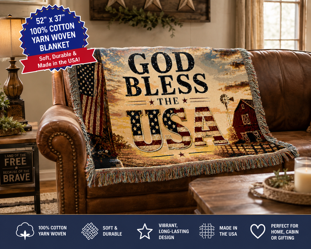 SatsandStripes.com God Bless the USA Patriotic Woven Blanket – 52" x 37" Cotton Yarn Throw