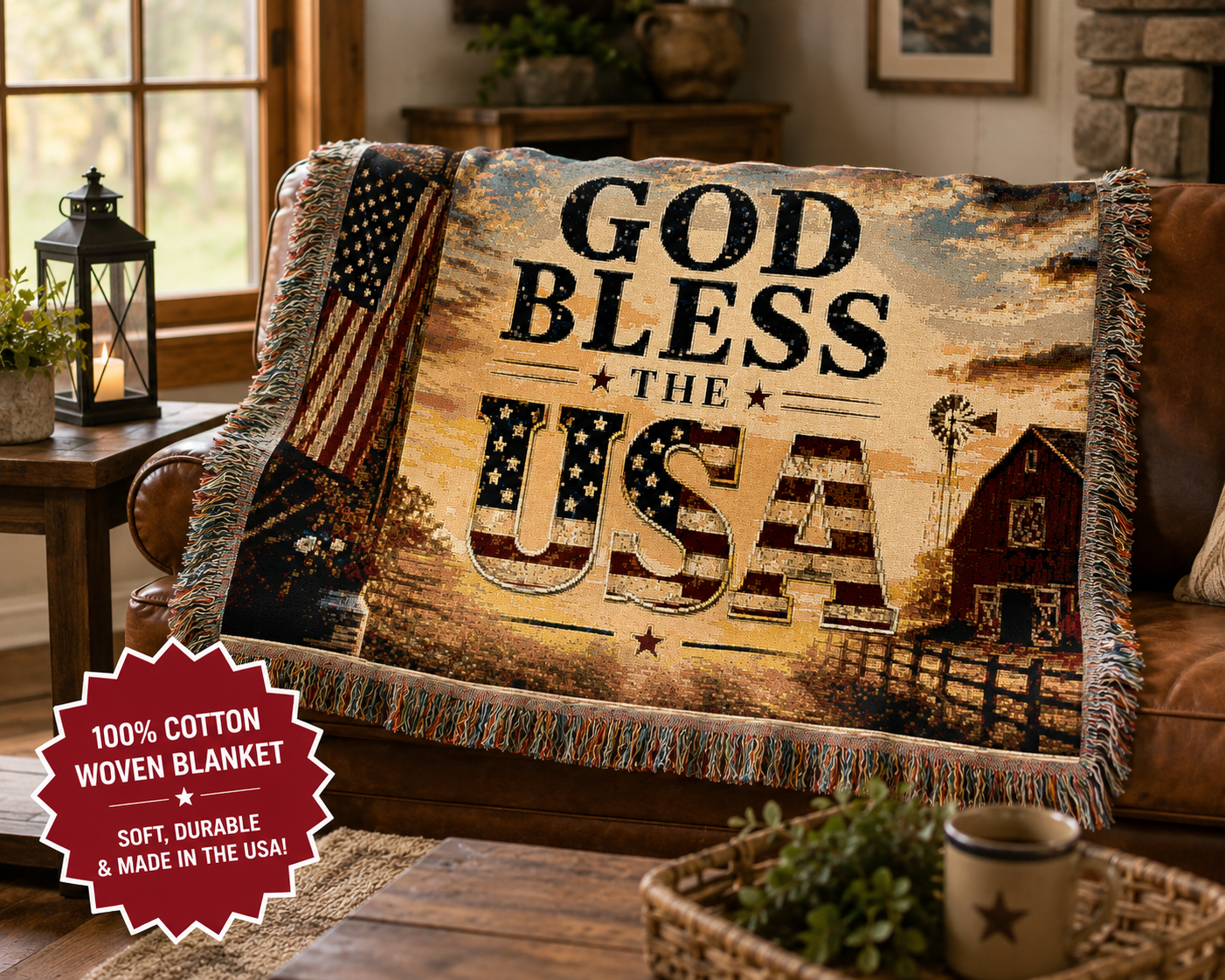 SatsandStripes.com God Bless the USA Patriotic Woven Blanket – 52" x 37" Cotton Yarn Throw