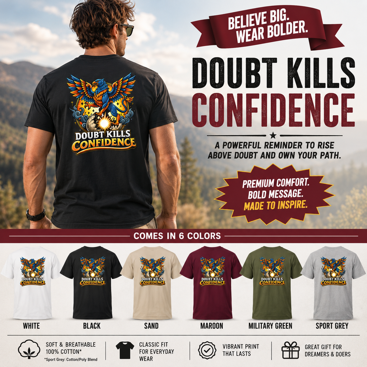 SatsandStripes.com Doubt Kills Confidence Phoenix T-Shirt – Motivational Back Print Graphic Tee 6 colors 100% cotton