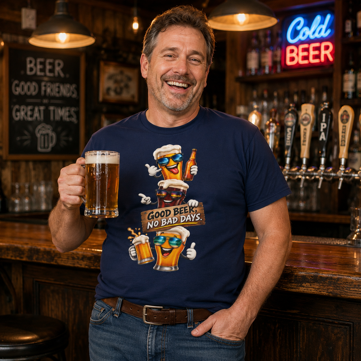 Satsandtripes.com Good Beer No Bad Days T-Shirt – Funny Beer Lover Graphic Tee Navy