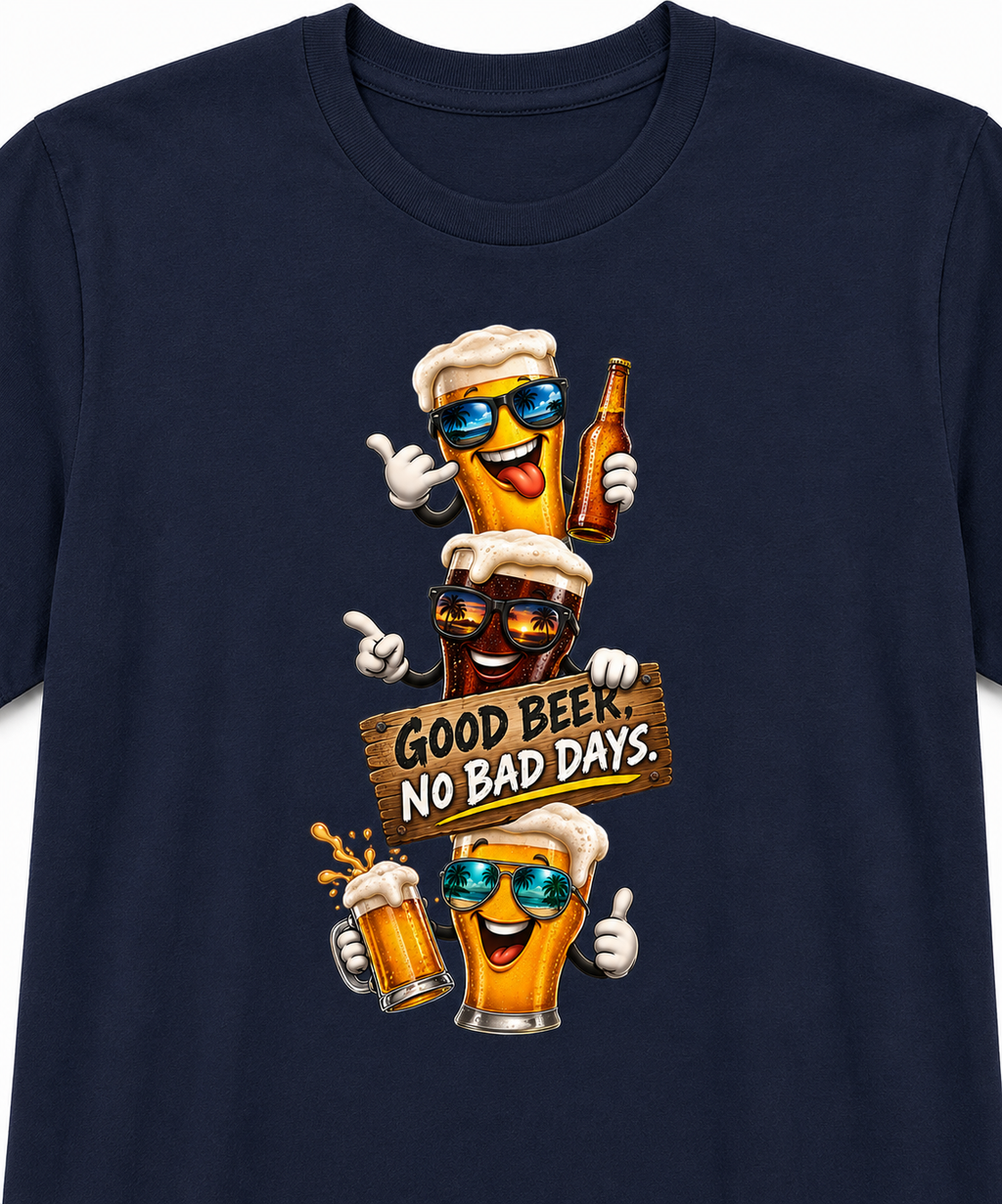Satsandtripes.com Good Beer No Bad Days T-Shirt – Funny Beer Lover Graphic Tee Navy Close Up