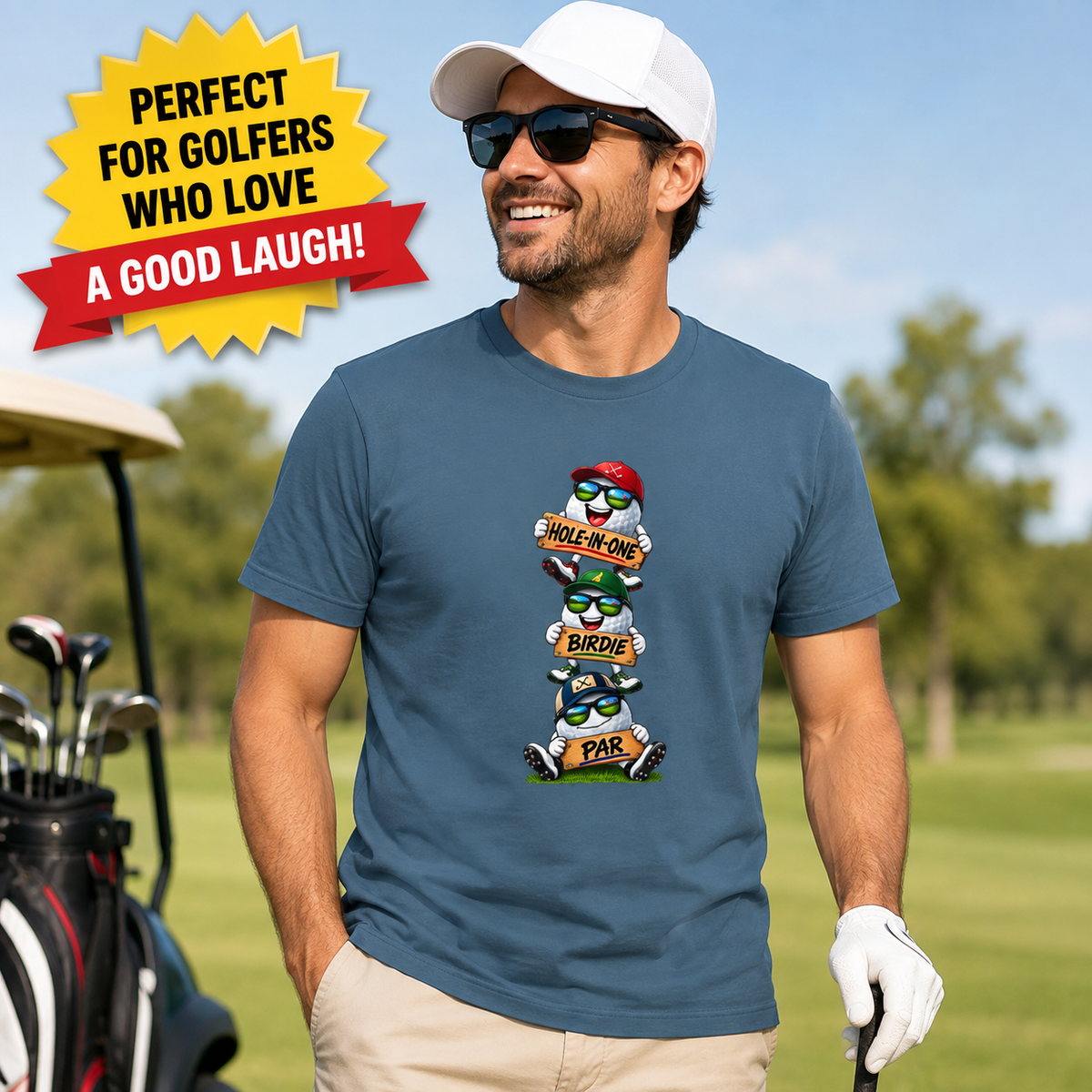 Satsandtripes.com Hole-In-One, Birdie & Par Golf Shirt – Three Balls, One Game, Zero Guarantees Indigo Blue