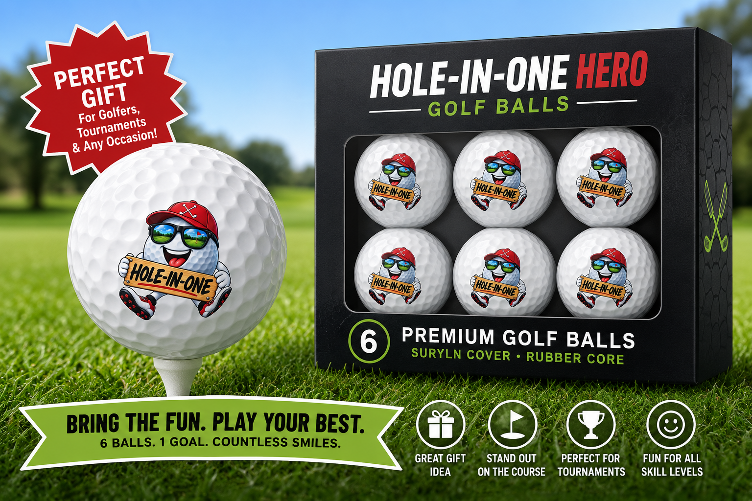 SatsandStripes.com Hole-In-One Hero Golf Balls – Funny Golfer Gift 6-Pack