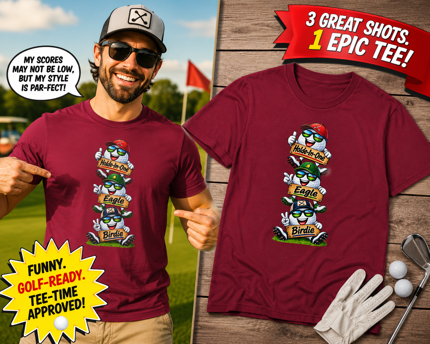 SatsandStripes.com Hole-In-One, Eagle & Birdie Golf T-Shirt – Funny Golfer Graphic Tee 7 colors 100% cotton
