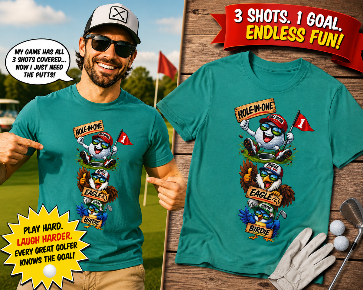 SatsandStripes.com Hole-In-One, Eagle & Birdie Funny Golf T-Shirt – Golfer Graphic Tee – 7 Colors 7 colors 100% cotton
