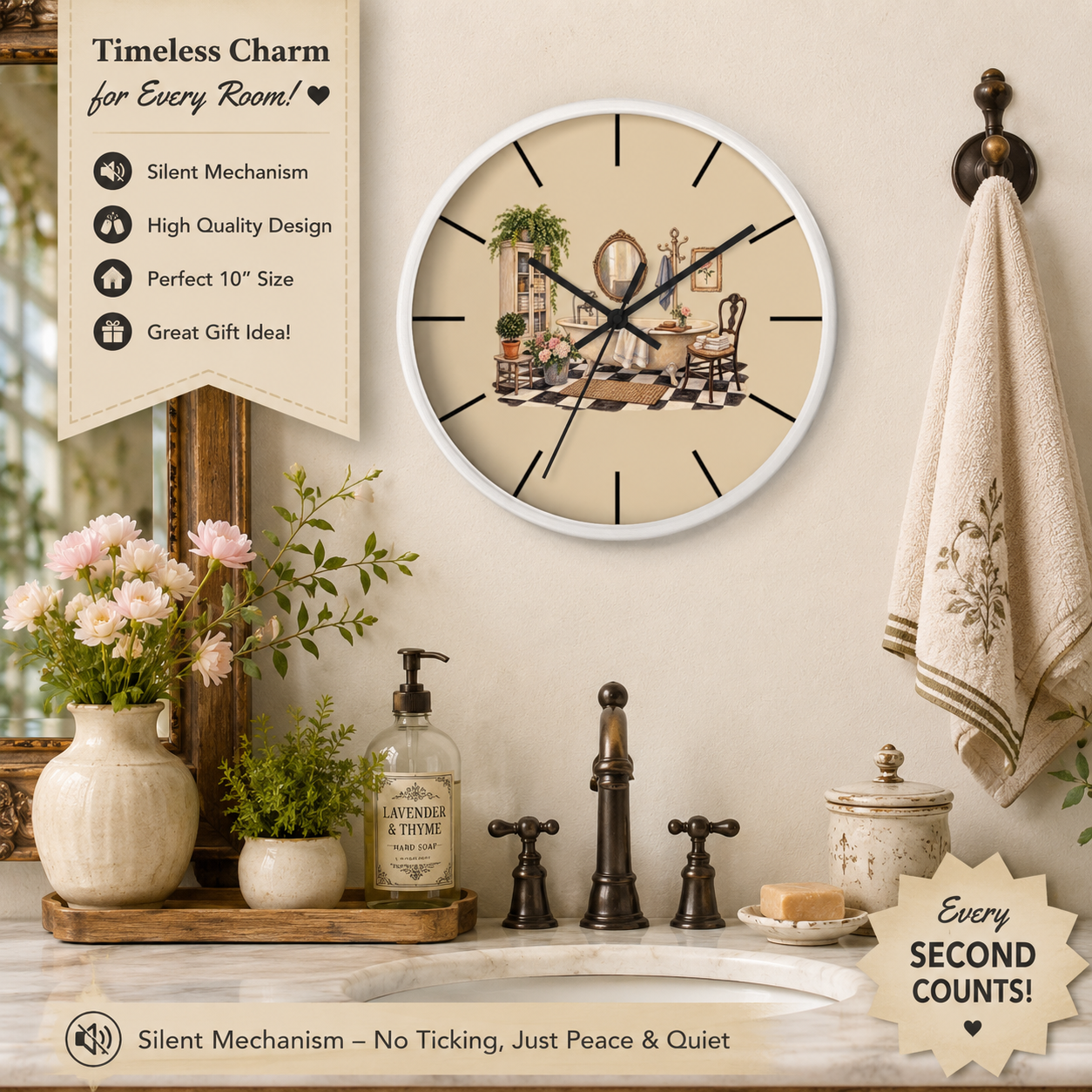 SatsandStripes.com Vintage Bathroom Wall Clock – French Country Bathtub Décor Silent 10" Clock