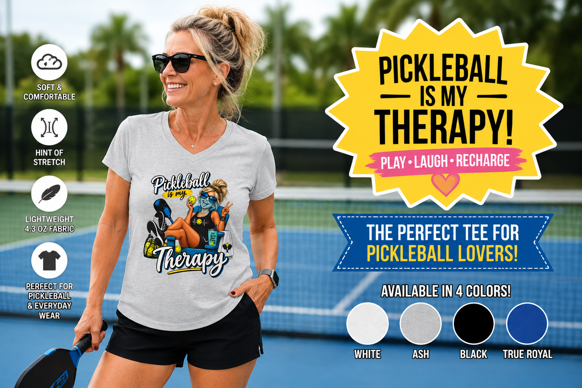 SatsandStripes.com Pickleball Is My Therapy Women’s V-Neck T-Shirt – Funny Pickleball Graphic Tee 4 Colors 100% cotton