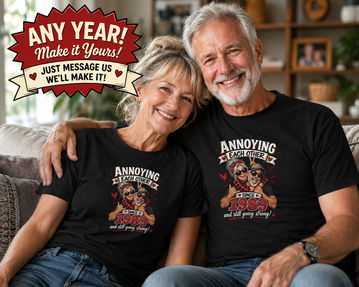 Satsandtripes.com Personalized Annoying Each Other Since [Year] T-Shirt – Funny Couples Anniversary Gift – Custom Year Husband & Wife Tee Black