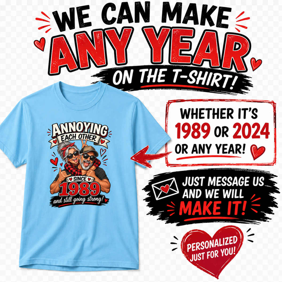 Personalized Annoying Each Other Since [Year] T-Shirt – Funny Couples Anniversary Gift – Custom Year Husband & Wife Tee Sky Blue