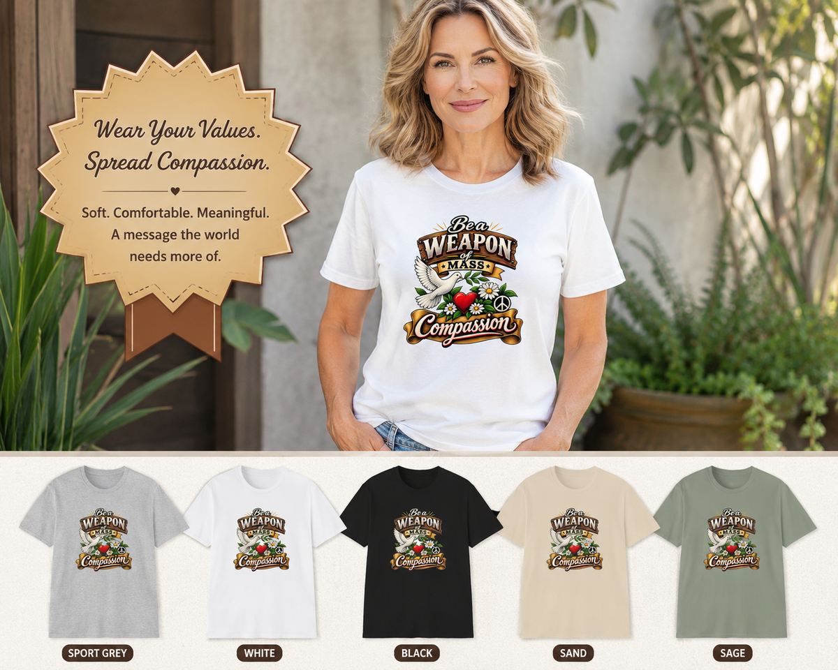SatsandStripes.com Be a Weapon of Mass Compassion T-Shirt Kindness Peace Love Compassion Tee Inspirational Graphic Shirt 5 colors 100% cotton