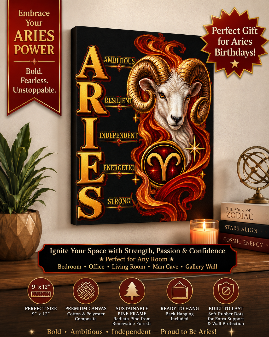 SatsandStripes.com Aries Zodiac Canvas Wall Art – 9" x 12" Bold Ram Astrology Décor, Fire Sign Birthday Gift