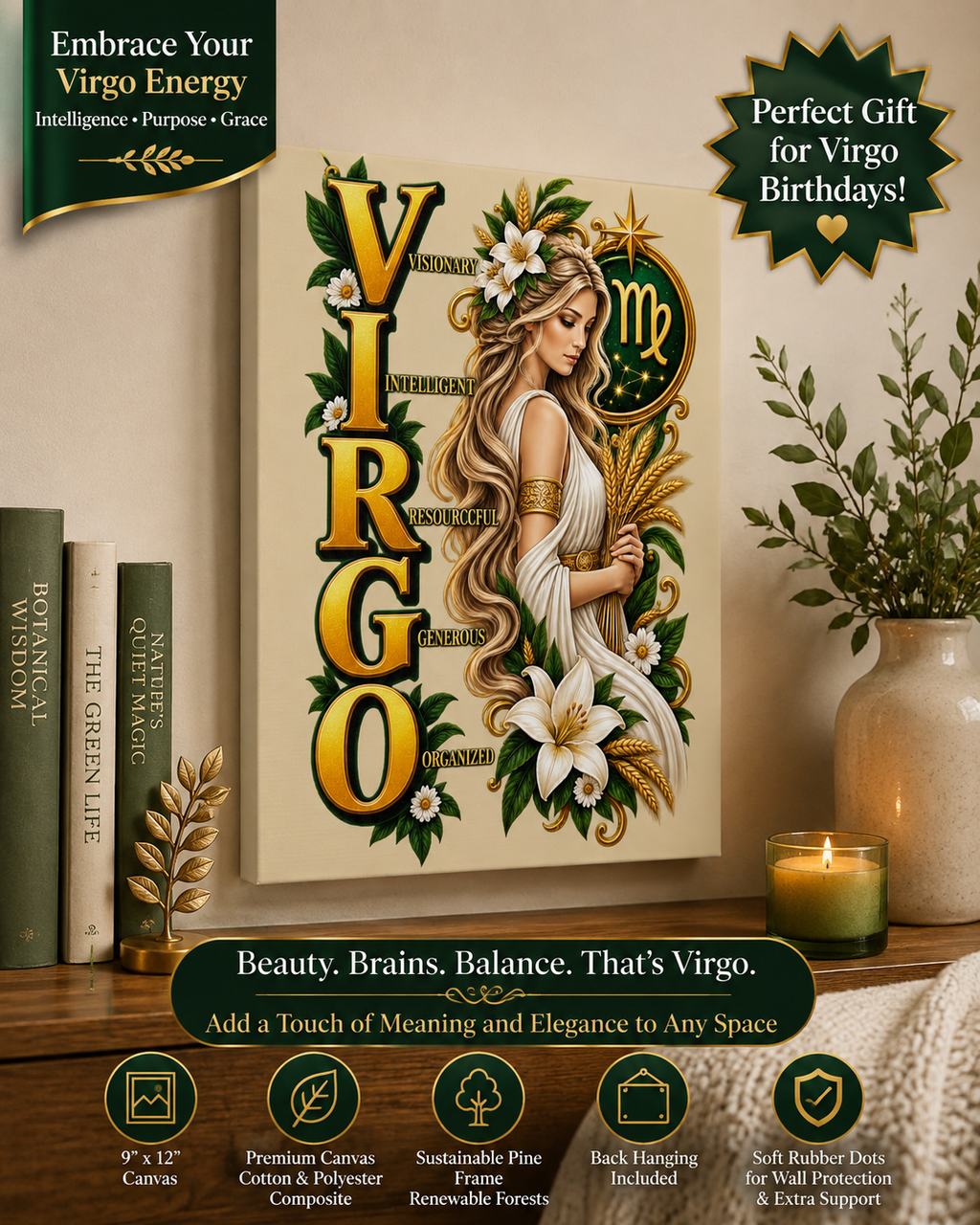 SatsandStripes.com Virgo Zodiac Canvas Wall Art – 9" x 12" Elegant Astrology Décor, Earth Sign Birthday Gift