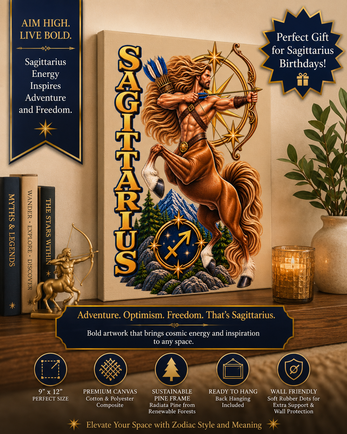 SatsandStripes.com Sagittarius Zodiac Canvas Wall Art – 9" x 12" Centaur Archer Astrology Décor & Birthday Gift