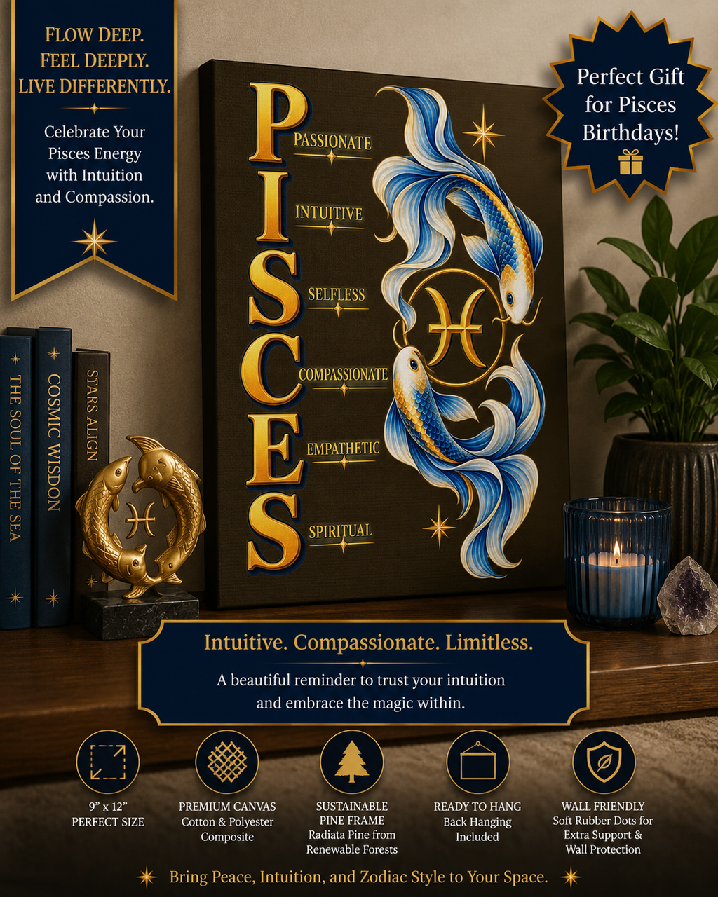SatsandStripes.com Pisces Zodiac Canvas Wall Art – 9" x 12" Elegant Fish Astrology Décor & Birthday Gift
