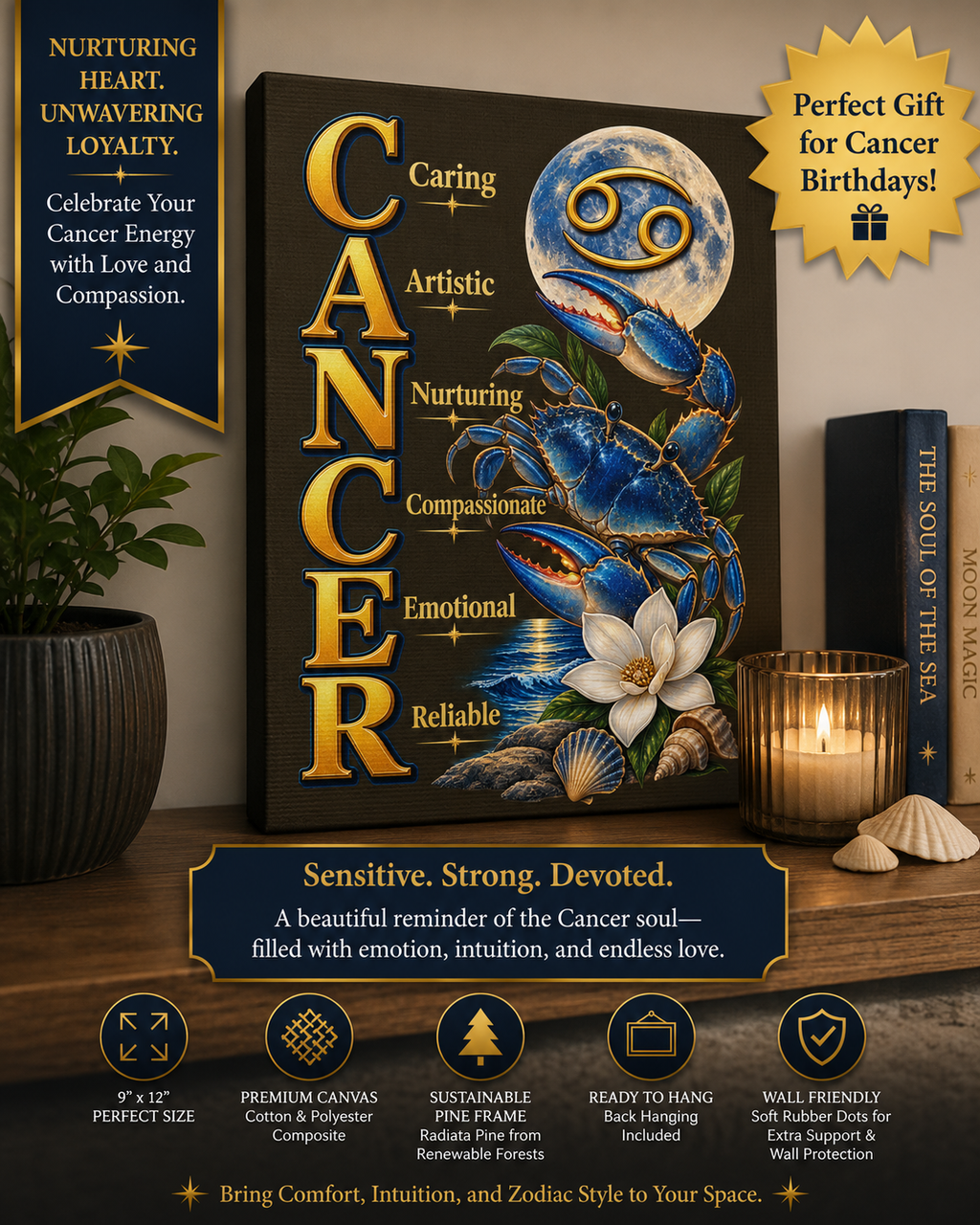SatsandStripes.com Cancer Zodiac Canvas Wall Art – 9" x 12" Blue Crab Astrology Décor & Birthday Gift