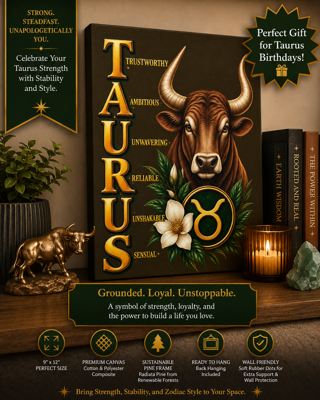 SatsandStripes.com Taurus Zodiac Canvas Wall Art – 9" x 12" Bull Astrology Décor & Earth Sign Birthday Gift