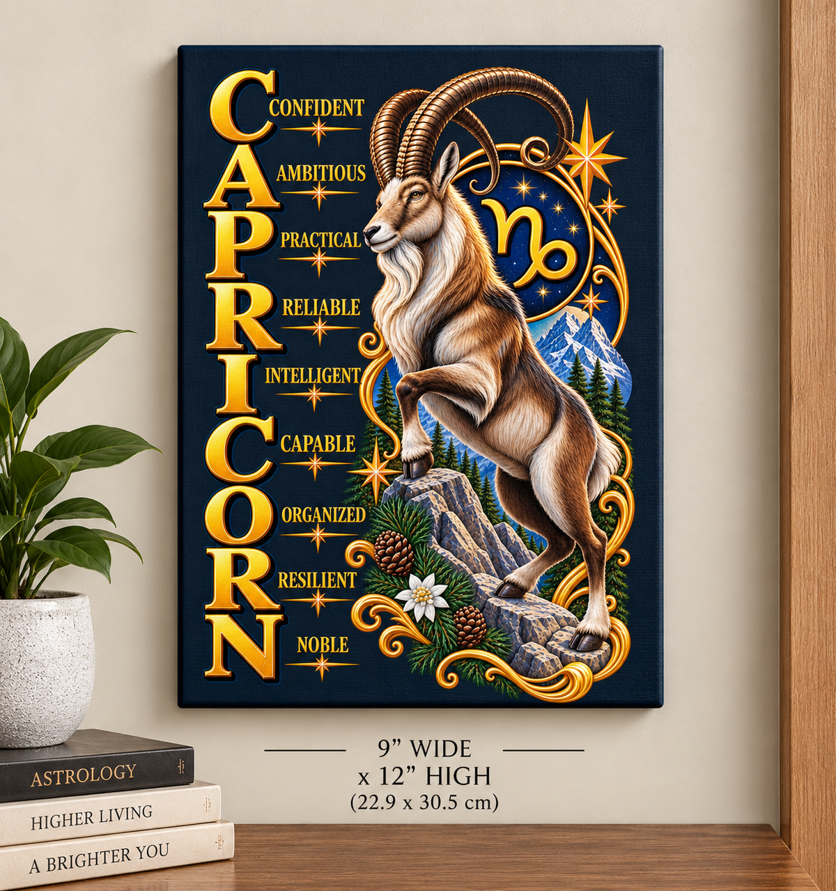 SatsandStripes.com Capricorn Zodiac Canvas Wall Art – Confident Ambitious Practical Astrology Decor – 12 x 9