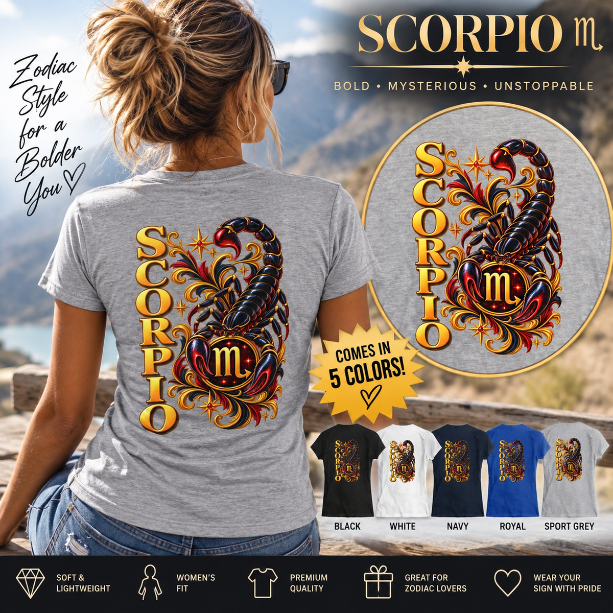 SatsandStripes.com Scorpio Zodiac Women’s SoftStyle T-Shirt – Bold Scorpion Back Print Astrology Tee 5 colors 100% cotton