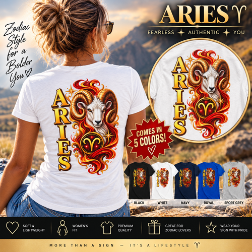 SatsandStripes.com Aries Zodiac Women’s SoftStyle T-Shirt – Bold Ram Back Print Astrology Tee 5 colors 100% cotton