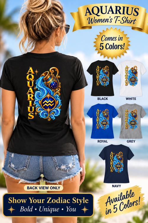 SatsandStripes.com Aquarius Zodiac Women’s SoftStyle T-Shirt – Water Bearer Astrology Tee, Celestial Back Print Shirt 5 colors 100% cotton
