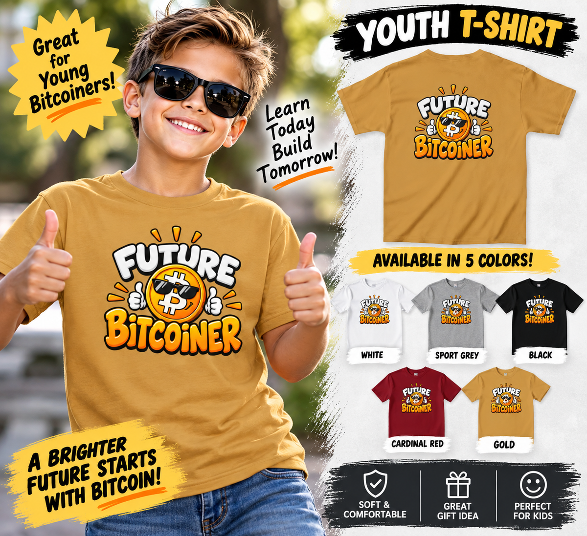 SatsandStripes.com Future Bitcoiner Youth T-Shirt – Kids Bitcoin Graphic Tee 5 Colors Heavy Cotton™ Tee