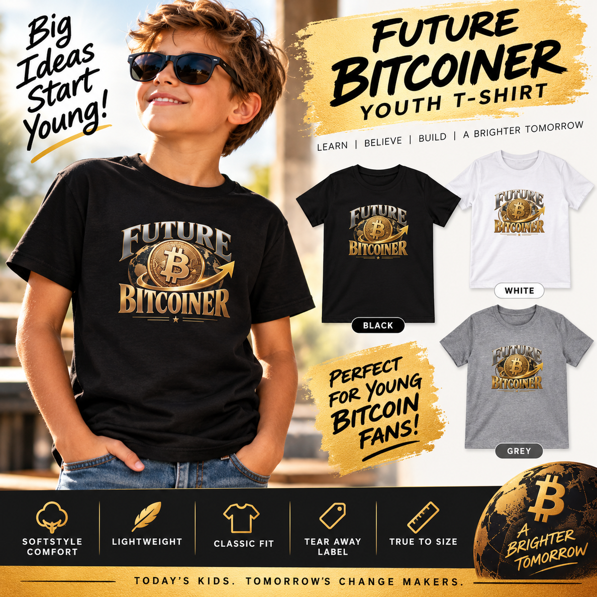 SatsandStripes.com Future Bitcoiner Youth SoftStyle T-Shirt – Bitcoin Kids Tee, Crypto Gift Shirt 3 colors 100% cotton