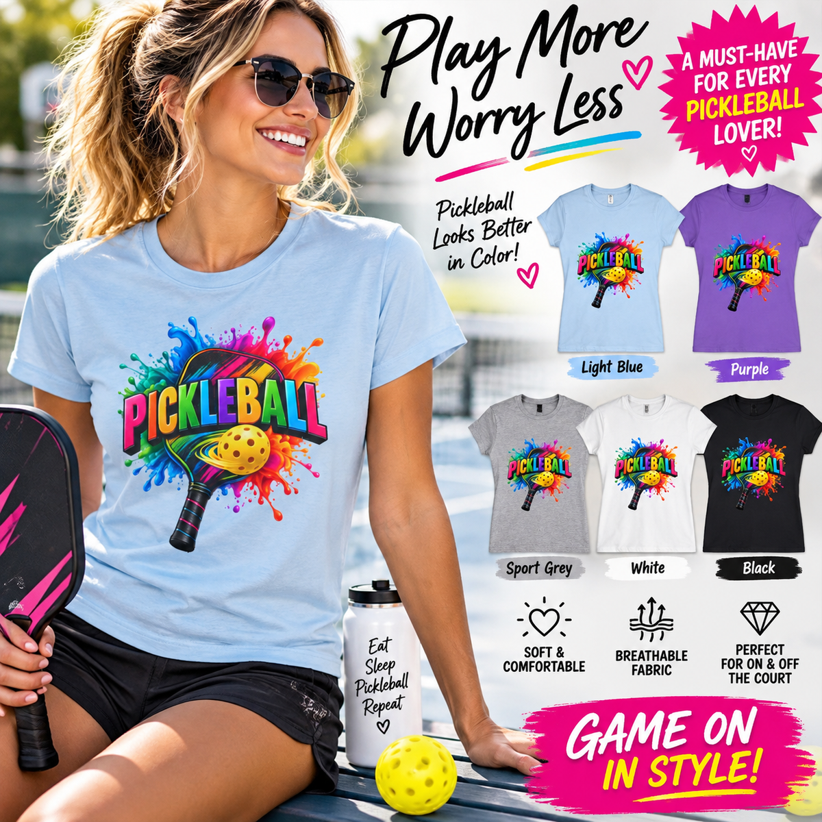 SatsandSripes.com Color Splash Pickleball Women’s SoftStyle T-Shirt – Bright Paddle & Ball Graphic Tee 5 colors - 100% cotton