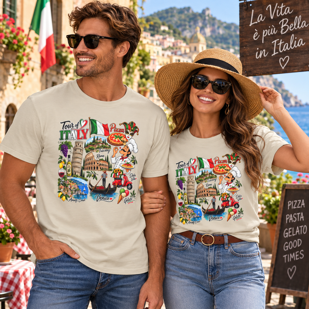 Tour of Italy Unisex T-Shirt – Italian Travel, Pizza, Venice & Rome Graphic Tee 4 colors - 100% cotton 4 colors - 100% cotton Sand