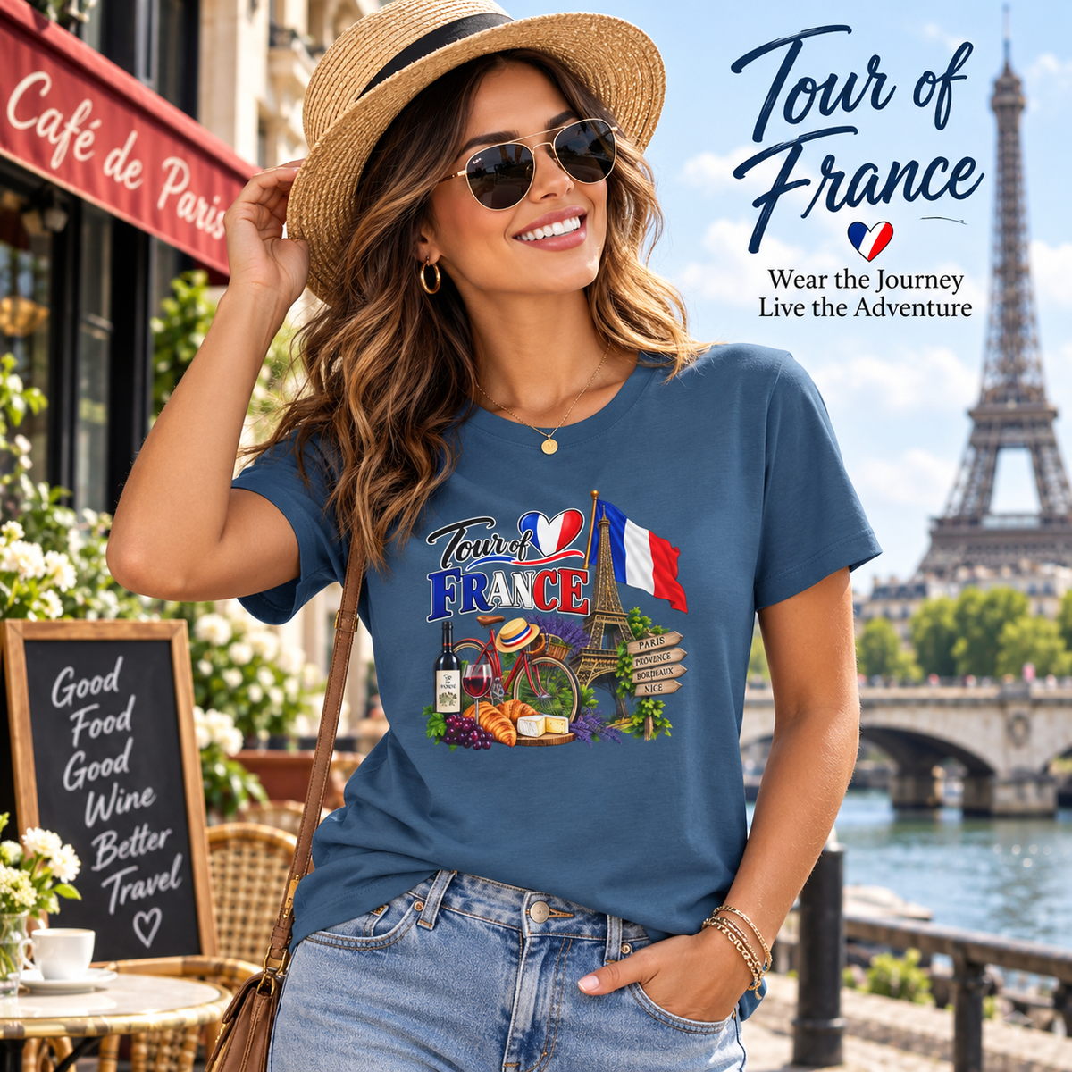 SatsandStripes.com Tour of France Softstyle® T-Shirt – Paris Eiffel Tower French Travel Graphic Tee 4 colors - 100% cotton
