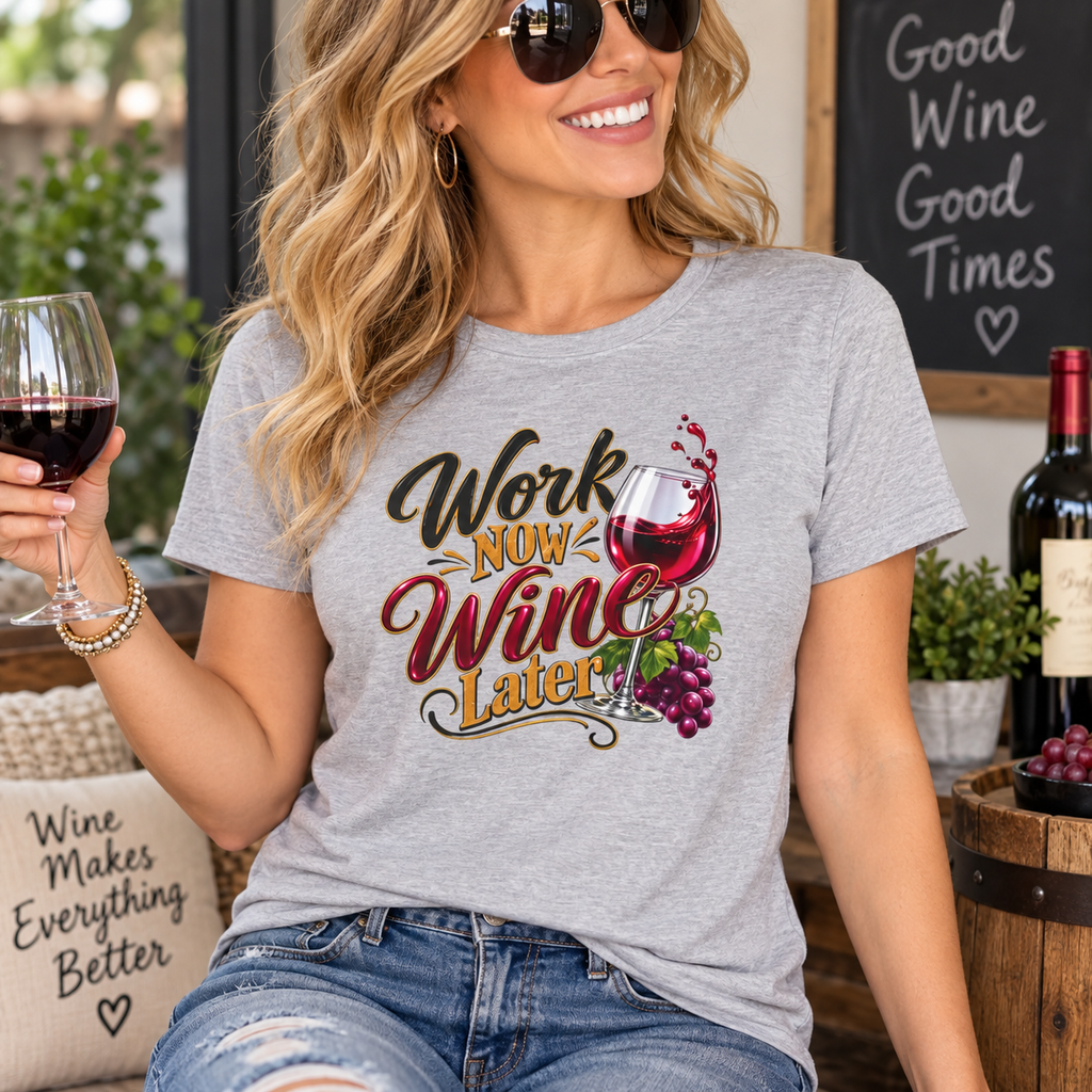 Work Now Wine Later Women’s Softstyle® T-Shirt – Funny Wine Lover Graphic Tee 6 colors 100% cotton