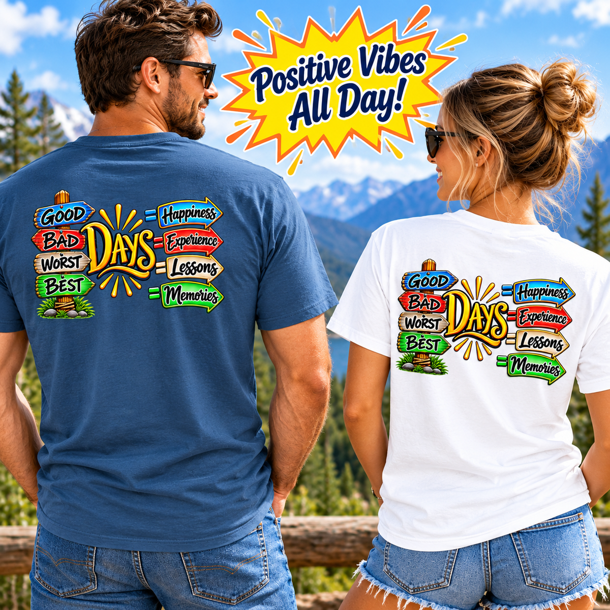 SatsandStripes.com Positive Vibes All Day Softstyle® T-Shirt – Good Days, Life Lessons & Memories Graphic Tee 6 colors 100% cotton