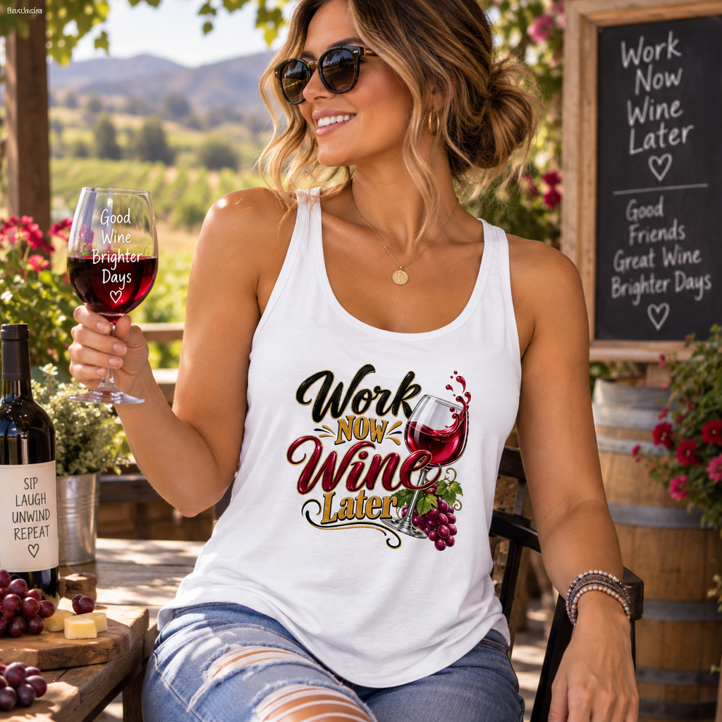 Work Now, Wine Later Women’s Scoop Neck Tank Top – Funny Wine Lover Graphic Shirt 5 colors