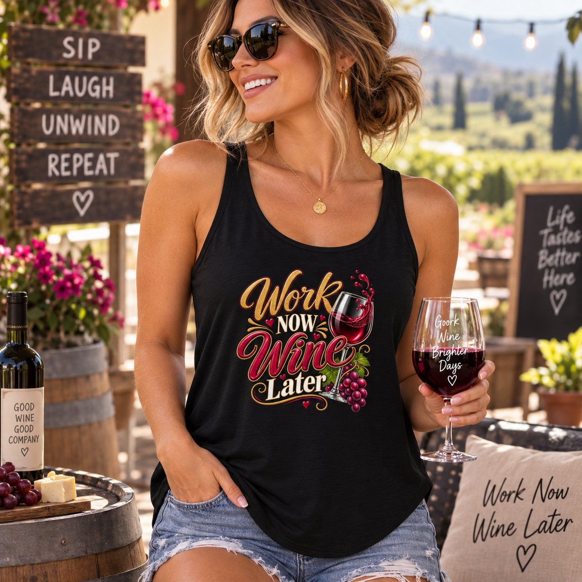 SatsandStripes.com Work Now, Wine Later Women’s Scoop Neck Tank Top – Funny Wine Lover Graphic Black
